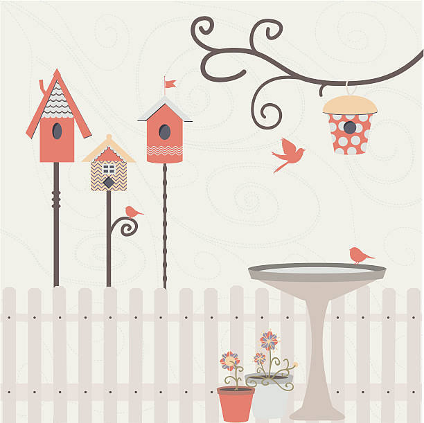 ilustrações, clipart, desenhos animados e ícones de birdie's dream yard - bird feeder illustrations