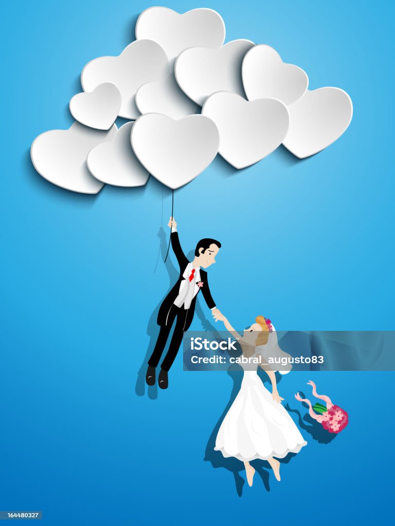 Just married couple flying with a heart shaped balloon Vector - Just married couple flying with a heart shaped balloon Romance stock vector