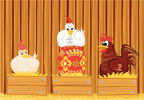 ilustraciones, imágenes clip art, dibujos animados e iconos de stock de gallina y el huevo de pascua paited día - chicken chicken coop perching installing