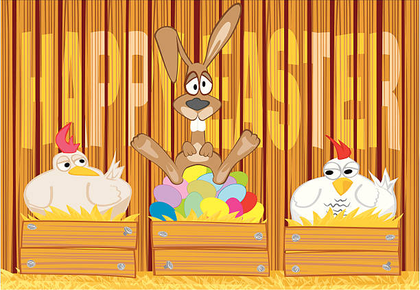 ilustraciones, imágenes clip art, dibujos animados e iconos de stock de conejo de pascua en la henhouse - chicken chicken coop perching installing