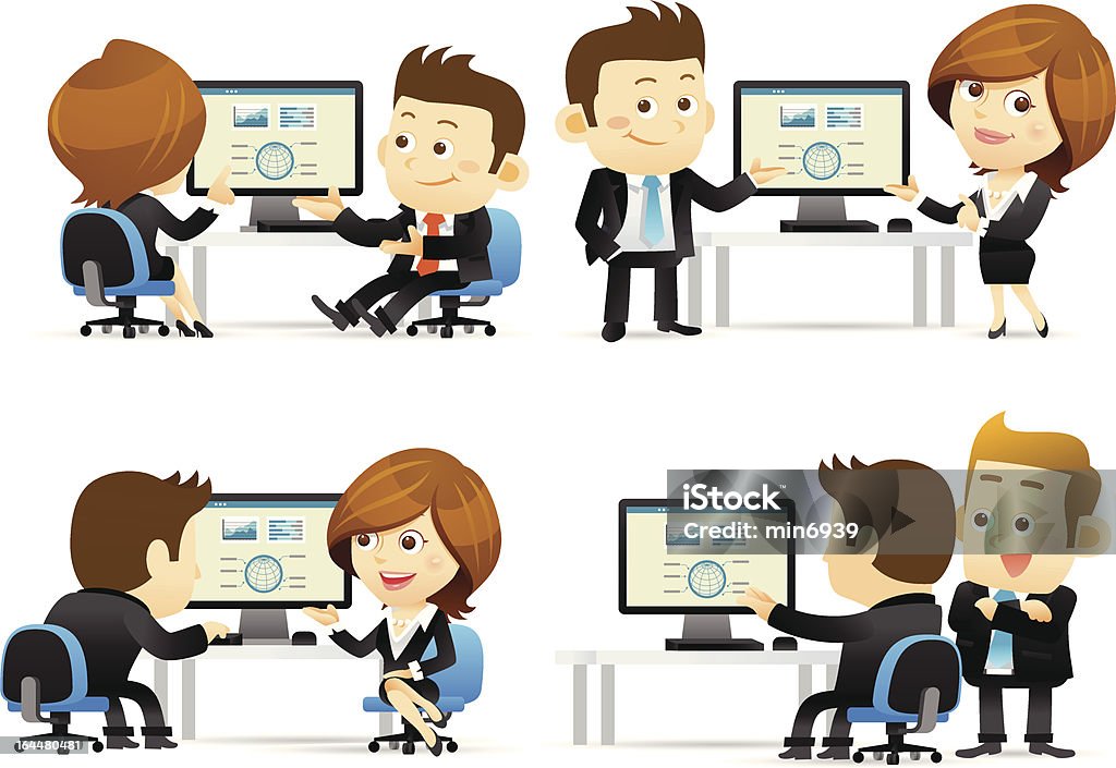 Discuss at computer Vector illustration - Discuss at computer Adult stock vector