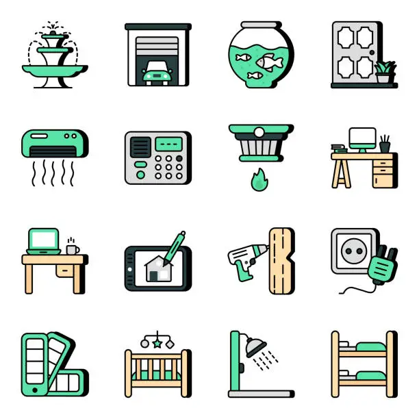 Vector illustration of Pack of Home Accessories Flat Icons