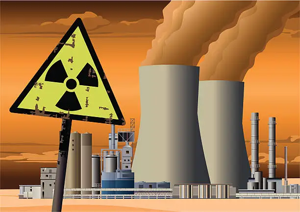 Vector illustration of Nuclear Power Station and Radioactive Sign