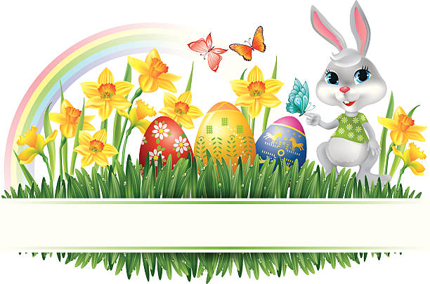 ilustraciones, imágenes clip art, dibujos animados e iconos de stock de marco horizontal de pascua - easter bunny inflorescence nature composition