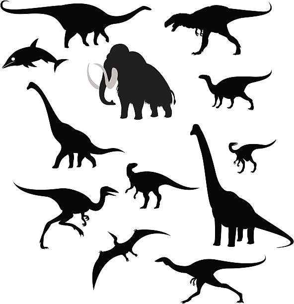 силуэты доисторической животных - illustration and painting geologic time scale old fashioned wildlife stock illustrations