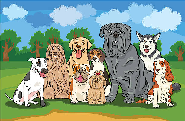 purebred dogs group cartoon illustration Cartoon Illustration of Funny Purebred Dogs or Puppies Group against Rural Landscape with Blue Sky shaggy fur stock illustrations