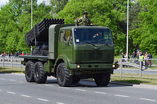 Warsaw, Poland - 3rd May, 2019: Croatian army DAC Vulkan M-92 mobile multiple rocket launcher driving at the parade during the 3rd May Constitution Day. The FAP truck is a popular vehicle in Croatian army.