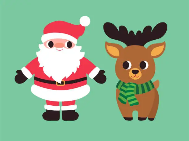 Vector illustration of Christmas reindeer and Santa Slaus cartoon vector illustration flat design. Funny children characters for Xmas winter projects. Cute santa and quirky deer. Retro cartoon style.