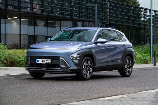 Berlin, Germany - 28th August, 2023: Hybrid car Hyundai Kona 2 parked on a street. This model is one of the most popular Hyundai vehicles in European offer.