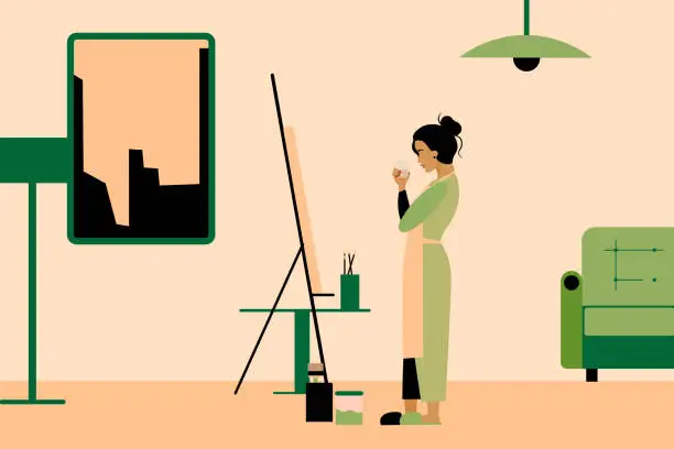 Vector illustration of Woman artist painting on canvas in her home