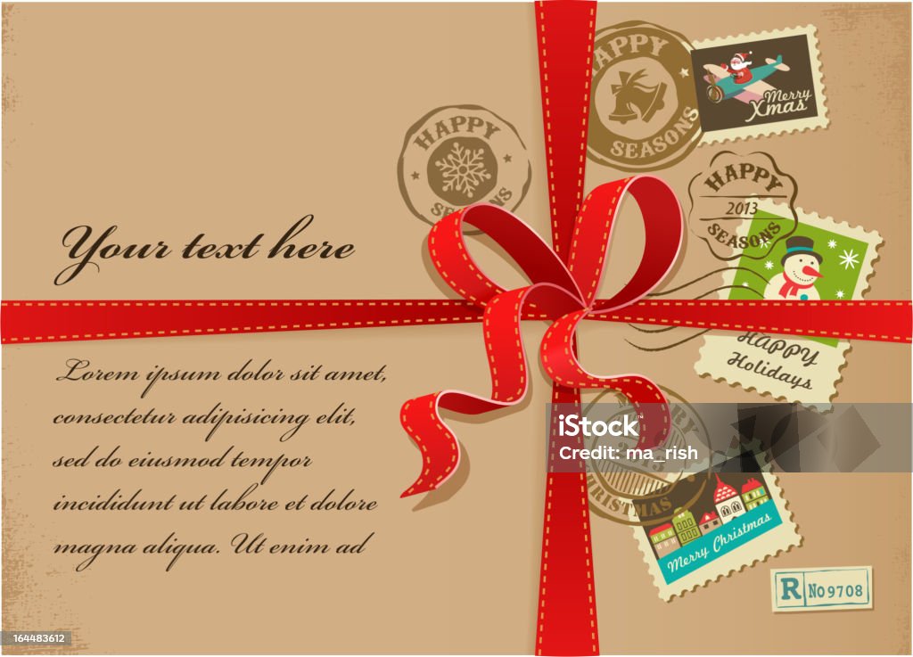 クリスマスギフト、レッドのリボンとビンテージ郵便切手 - クリスマスのロイヤリティフリーベクトルアート