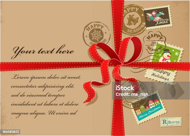 クリスマスギフトレッドのリボンとビンテージ郵便切手 - クリスマスのベクターアート素材や画像を多数ご用意 - クリスマス, お祝い, イラストレーション