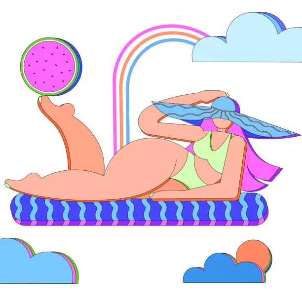 Vector illustration of Young adult woman in bikini enjoying summer