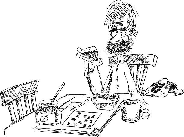 Toast, coffee and crosswords A grumpy man having breakfast and doing crosswords with his dog at his side. crossword puzzle drawing stock illustrations