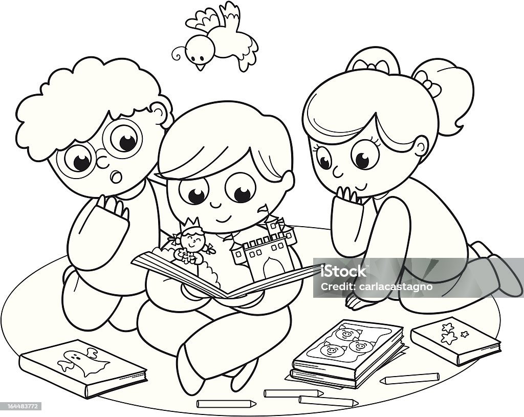 Three kids reading a pop-up book Coloring illustration of friends reading a pop-up book together. Black and white illustration for little kids. Black Color stock vector