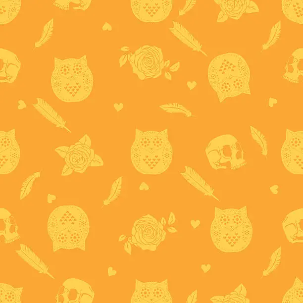 Vector illustration of Halloween background with owl, skulls, roses and feathers