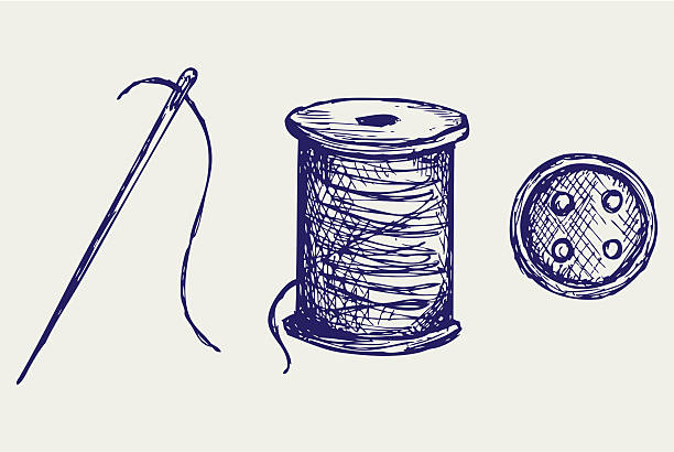 Spool with threads and sewing button vector art illustration