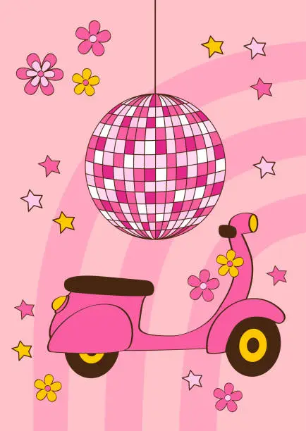 Vector illustration of cute pink poster with pink moped and Disco Ball