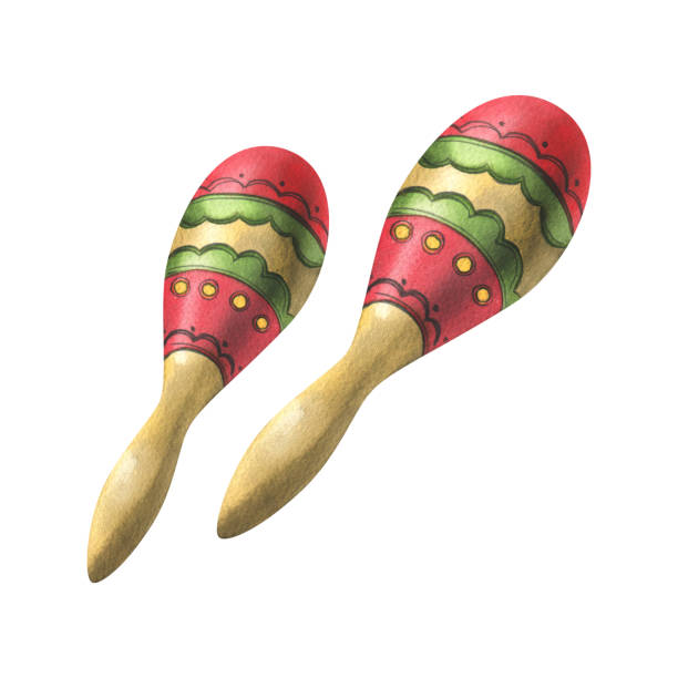 maracas mit roten und grünen ornamenten. handgezeichnete aquarellillustration für tag der toten, halloween, dia de los muertos. isolierte objekte auf weißem hintergrund. - red bauble audio stock-grafiken, -clipart, -cartoons und -symbole