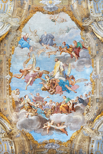 Genova - The ceiling fresco Apotheosis of St. Filip Neri in the church Chiesa di San Filippo Neri by Marcantonio Franceschini (1648 - 1729).