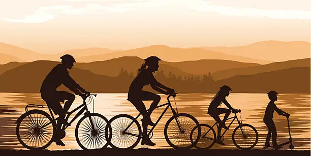 Vector illustration of Silhouettes of family riding bikes along beautiful lake side