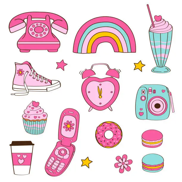 Vector illustration of set of isolated fashion doll stickers, telephone, camera, sweets