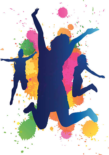 Girls jumping against a paint splatter background. vector art illustration