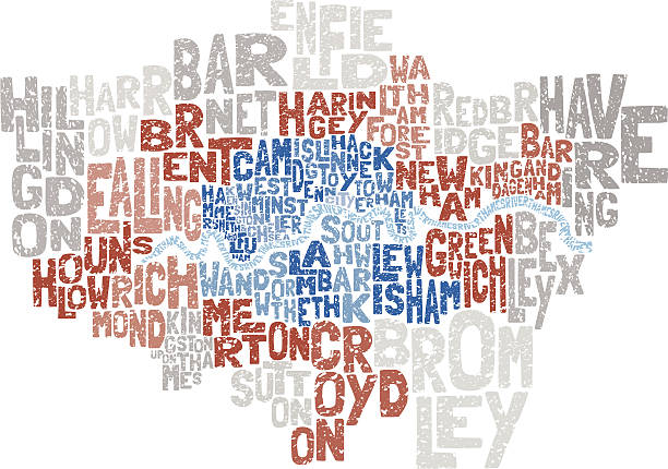 London Typographical Abstract Grunge Grunge effect abstract Vector illustration of all the London Boroughs and the river thames depicted through text. Hi-res Jpeg, PNG and PDF files included. eanling stock illustrations