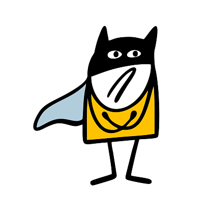 Disgruntled comic book superhero in a black mask and cape does not want to save the world. Vector cartoon illustration of a proud stickman egoist. Cute person isolated on white background.