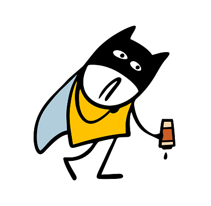 Sad stickman superhero in a raincoat and mask wanders with empty cup of coffee. Vector illustration character from a comic book does not have the energy for a feat and salvation. Cute person isolated.