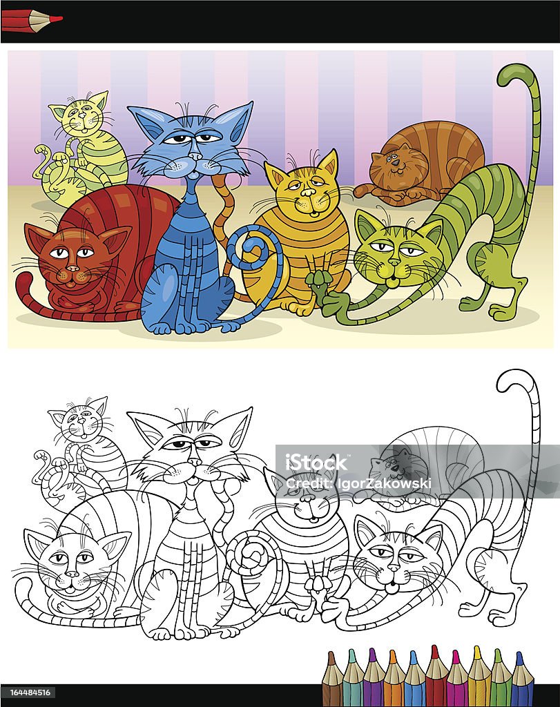 Dibujos animados gatos o página para colorear libro - arte vectorial de Alegre libre de derechos