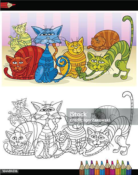 Ilustración de Dibujos Animados Gatos O Página Para Colorear Libro y más Vectores Libres de Derechos de Alegre