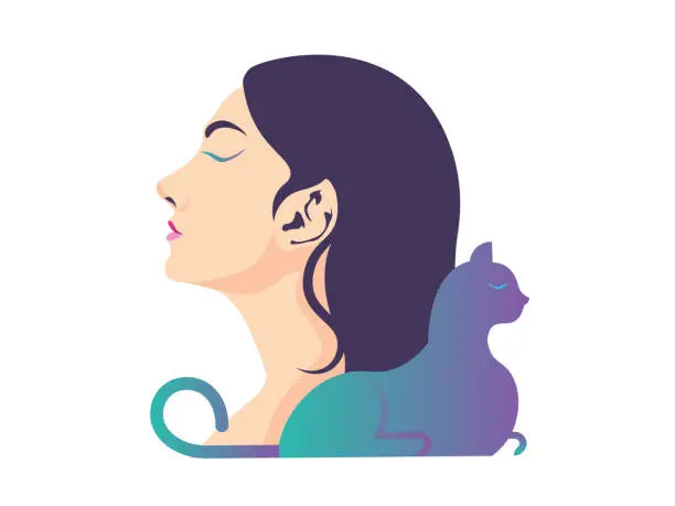 Vector illustration of Portrait of adult woman and cat