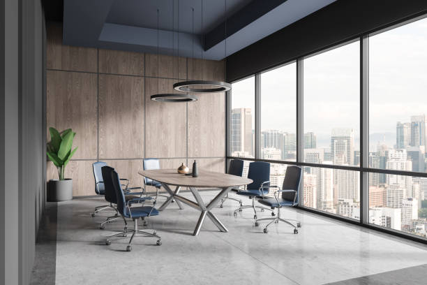 istock Gray and wooden office meeting room interior 1644849094