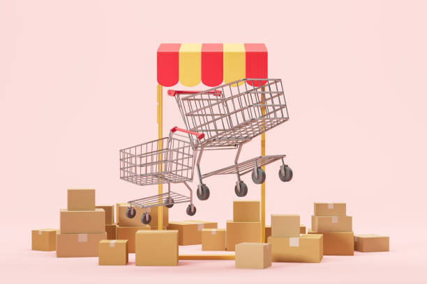 istock Smartphone with shopping trolleys and boxes. Online shopping app 1644850163