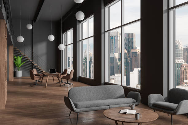 istock Gray conference room interior with lounge area 1644850189