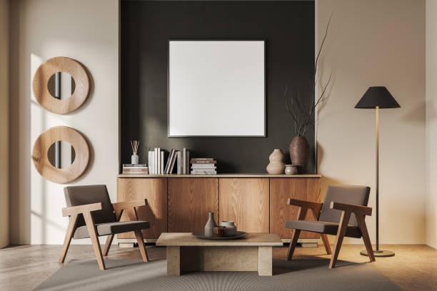 istock Stylish chill room interior armchairs and drawer with decoration, mockup frame 1644852926