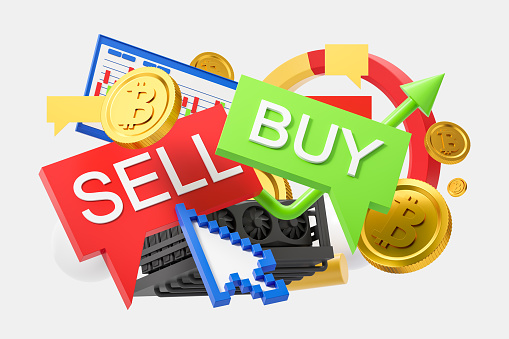 Cursor pointing at red sell speech bubble with shining bitcoin coins, financial graphs and arrows over white background. Concept of decentralized currency, blockchain and investment. 3d rendering