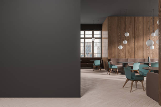 istock Dark restaurant interior with furniture and panoramic window. Mock up wall 1644855085