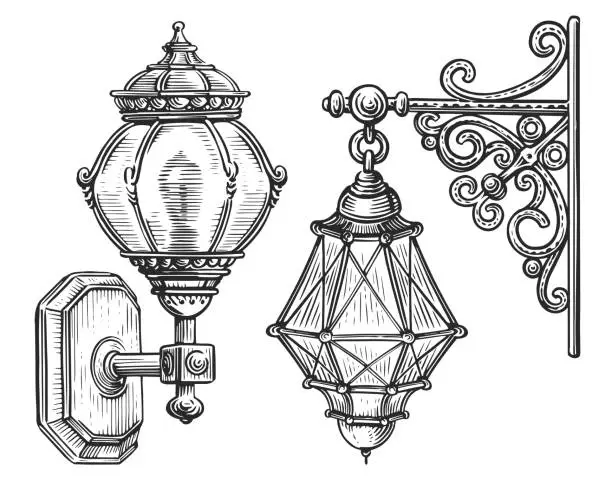 Vector illustration of Vintage lantern sketch illustration engraving style. Wall old street lamp