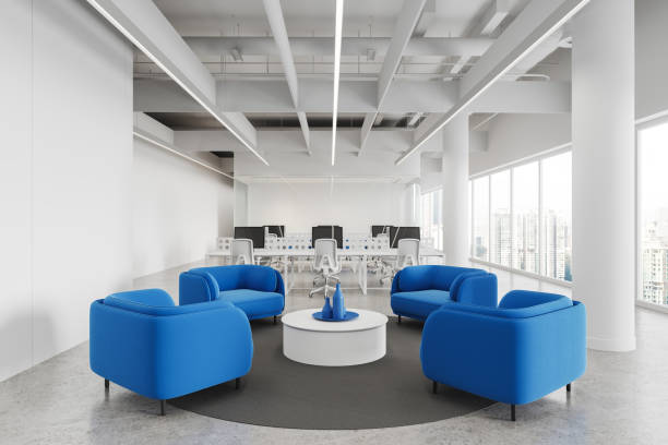istock Cozy business interior with workspace and chill place near panoramic window 1644857264