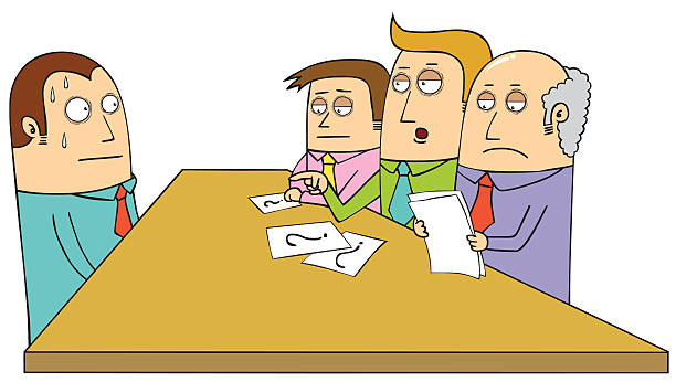 Cartoon of a sweating man having a job interview A man in the middle of an interview. This illustration is available in vector eps 8 file interview event clipart stock illustrations