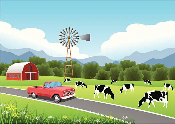 Vector illustration of Idyllic Farm Scene with Truck in the Foreground.