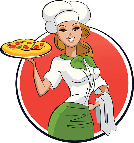 illustrazioni stock, clip art, cartoni animati e icone di tendenza di donna pizza cook - women meat working tray