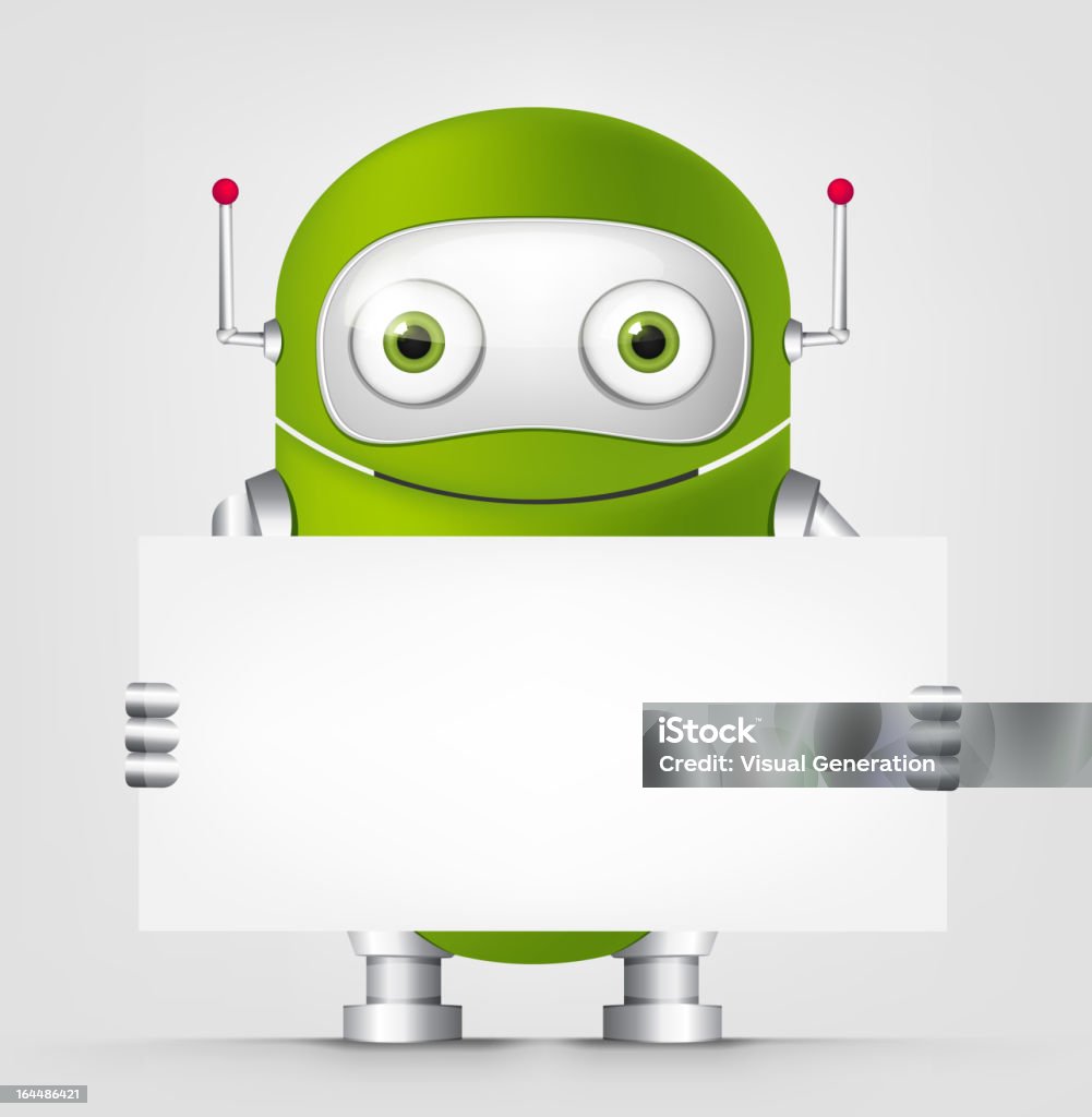 A Cute Green Robot With Green Eyes Holding A Blank Sign Stock Illustration  - Download Image Now - iStock