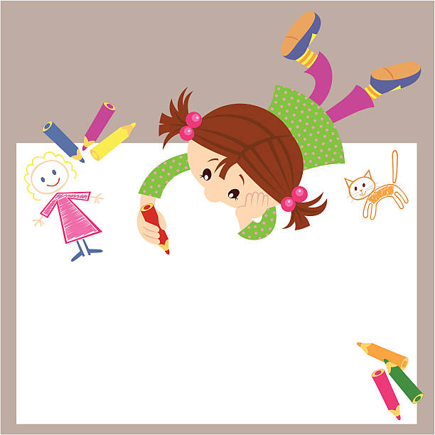 Little girl drawing vector art illustration