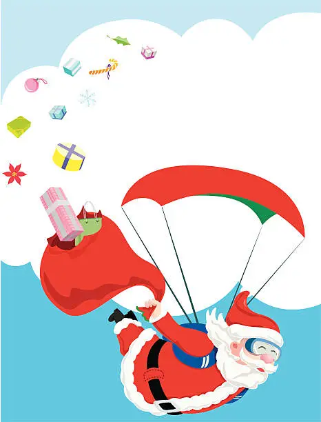 Vector illustration of Santa Claus inflight and his broken gift bag