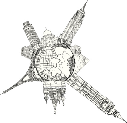 Hand drawn sketch of our planet with some of famous buildings on. Vector illustration