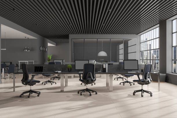 istock Grey office room interior with coworking and conference space, panoramic window 1644869338