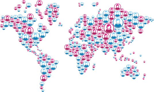 Social media networks people in World map shape background illustration. Vector file layered for easy manipulation and custom coloring. The file was created with Illustrator CS4 in October 2012 and saved in eps 8 standard. 